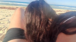 MILF Sucks Cock and Swallows Cum on the Beach POV