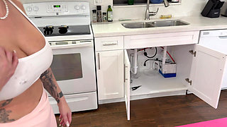 Cheating Busty Hot Blonde Gets Her Pussy Filled by Plumber and Her Boyfriend