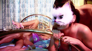 Orgy with hot masked twin sluts in fishnets and stockings