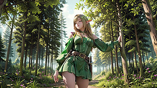 Green Elf in the Forest Secret! Kneeling gaze under dappled sunlight, a dreamy tease with fingertips touching her lips.