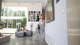 Pushing long glass dildo in her tight ass