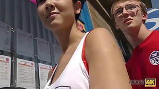 Youthful chick Lady Dee rides a stud's shaft while her submissive cuckold watches