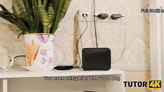 Tutor4k. english teacher with Big Boobs quiets down when gets stud's knob