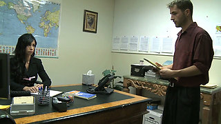 Brunette MILF with huge tits rides young stud in her office