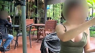 Public flashing in the cafe without panties.