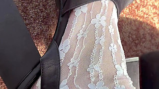 White stockings and high heels on my feet