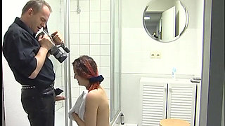 Cute teen takes a shower and blows an older guy's cock