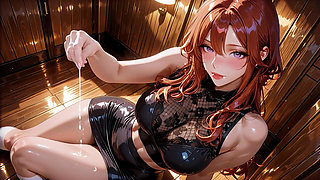 Luxury Wooden Mansion Redhead Purple Eyes Beauty Black Lace Glossy Skirt Seduction Blowjob to Sofa Passion with Massive