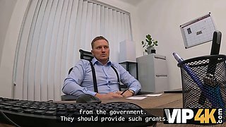 Vip4k. Horny Blonde unwraps her panties in front of her loan officer