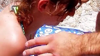 Two guys fuck on the beach horny Milf Leane Fontaine in the ass