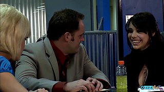 Big-Tits Brunette and Blonde Seduce Coworker into Hardcore Anal Threesome