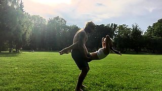 Outdoor blowjob from a blonde slut in public