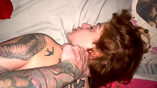 POV Tattooed Redhead on All Fours Asked for Milk in Her Pussy and Came in Her Mouth
