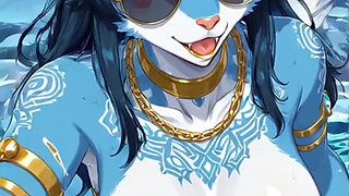 122. Blue Furry Demon Dance and Sexy Pose at Waterfall (Ai Animation)