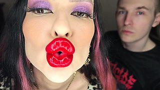 Juicy Sticky Loud Aggressive Kisses All Over a Guy's Face with Red Lipstick