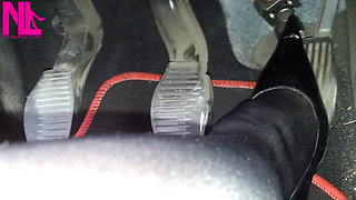 Sexy Speedy Driving in Patent Black Pumps and Seamed Black Pantyhose