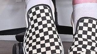 Sneaky Office Foot Tease in Checkerboard Vans - Toe-only Strip & Intense Barefoot Play POV