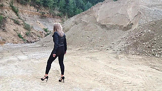 Grandma Is Walking Around a Gravel Pit in Tight Leggings and High Heels!