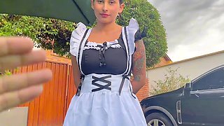 Curvaceous chambermaid smashes massive cock in the backyard