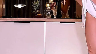 Hottest MILF Real Housewife in a Short Seethrough Sexy White Dress and with a G-string Does Not Cover Her Pussy in the Kitchen