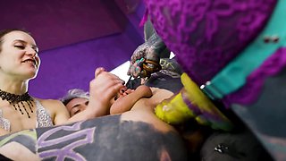 Heavy TATTOOED sub played with and PEGGED by 2 dominas