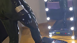 Gagged Latex Slave Girl Walks in Pony Heels and Ballet Boots on Treadmill and Gets an Orgasm at the End and a Cumshot on Her Fac