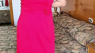 Hot Busty MILF in Red Outfit Do Striptease