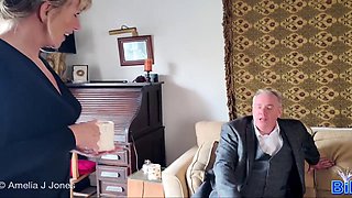 Naughty British Blonde Amelia Deep-Throats MattyFacial in Boss Role