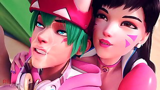 D.va and Kiriko Hentai Threesome - Hot Anime Sex with Big Tits, Doggystyle & Cum in Mouth