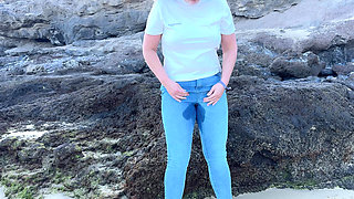 Peeing in Tight Jeans on the Beach