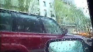 Big boobed blonde gives blowjob in car