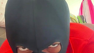 Busty Ebony in Mask Masturbates with a Huge Dildo