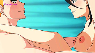 Rukia Rides Ichigo's Lap On His Bed While Her Small Tits Bounce And She Moans His Name