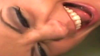 Brunette babe gets facial from horny stud