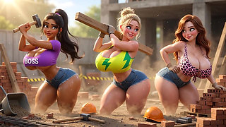 Three hot voluptuous lesbian construction babes share steamy threesome after long hard work day (AI generated)