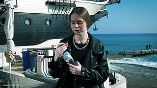 Young Russian Woman Smoking Cigarette Outdoor Terrace