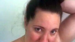 Busty curly brunette with big boobs fucks on couch