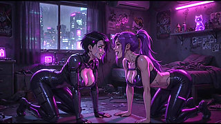 Cyberpunk Fun Girls in Their Room, Ai Animation