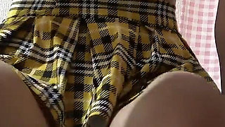 Camera Under the Desk, Slender Japanese Girl in No Bra Mini Skirt Student Uniform, Wedgie Thong Panties and White Socks