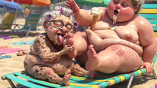 Elderly Granny Passionately Sucking BBW Feet on the Beach