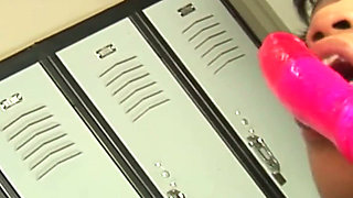 Gym Locker Room Threesome - Blonde, Ebony and Brunette Share a Pink Toy