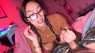 Brunette In Glasses Sucks A Thick Cock After Ride And Tastes Her Own Pussy