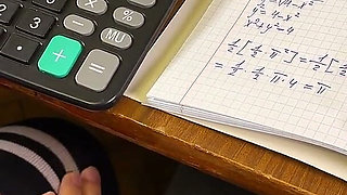 High Schoolgirl Stroking Him off in Math Class Under the Table. at College