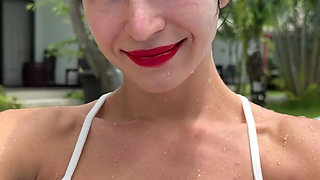 Outdoor Yoga Tree Pose & Tease in See-through Bodysuit in the Pool