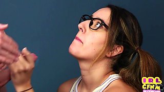 CFNM amateur sex chick with glasses sucks and tugging coc
