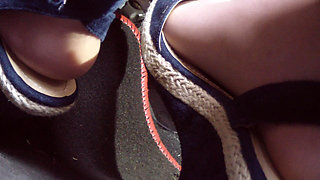 Driving and Revvig in Blue Wedges on My Hosed Feet