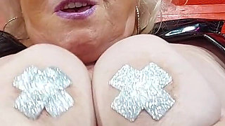Horny Granny in Latex Fingers Hairy Pussy to Explosive Orgasm