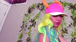 Cosplayer with massive melons plays with a faux-cock solo