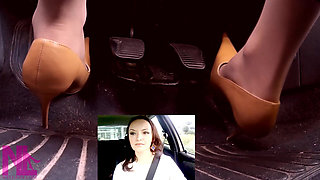 Driving in Leather Pointing Pumps and Nude Stockings