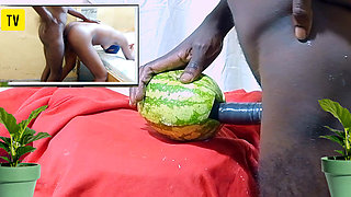 Teen Fucking watermelon while watching porn movie of Dicksex and Givensex fucking together till I got CUM, so wet and hot pussy!